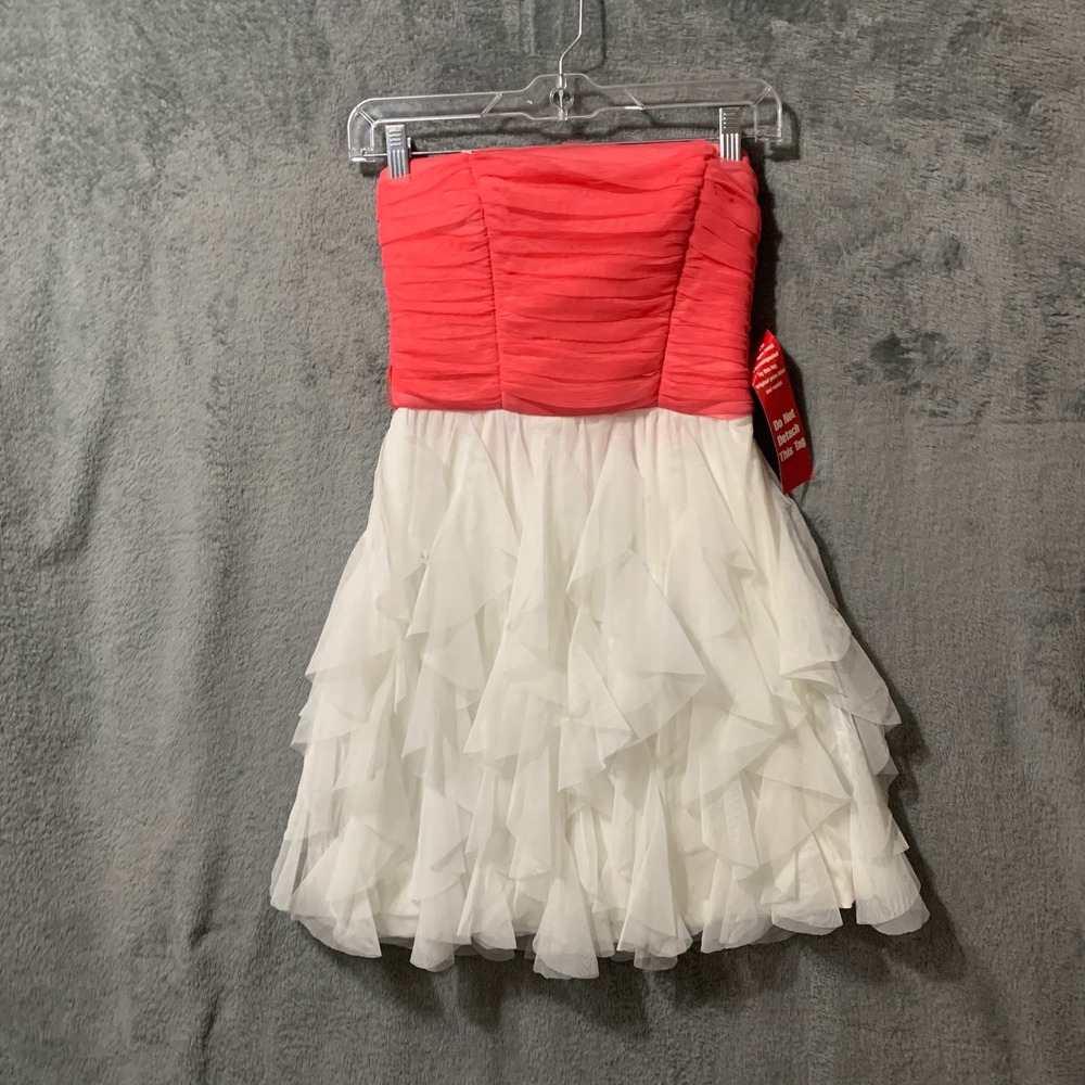 I.M. Dress Womens Strapless Ruched Ruffle Cocktail Dress Pink White Size‎ 5 NEW